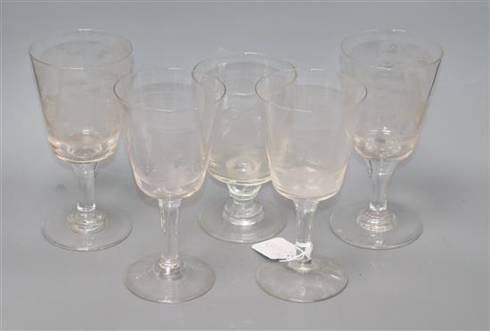 Five glasses etched with hunting scenes tallest 20cm